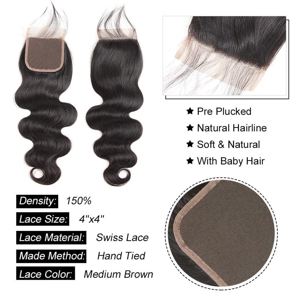 Human Hair Bundles with Closure (22 24 26+20，Free Part) Body Wave Bundles with Lace Closure Brazilian Human Hair Weave Bundles with Closure Virgin Hair Weft 150% Density Natural Color Find Your New Look Today!